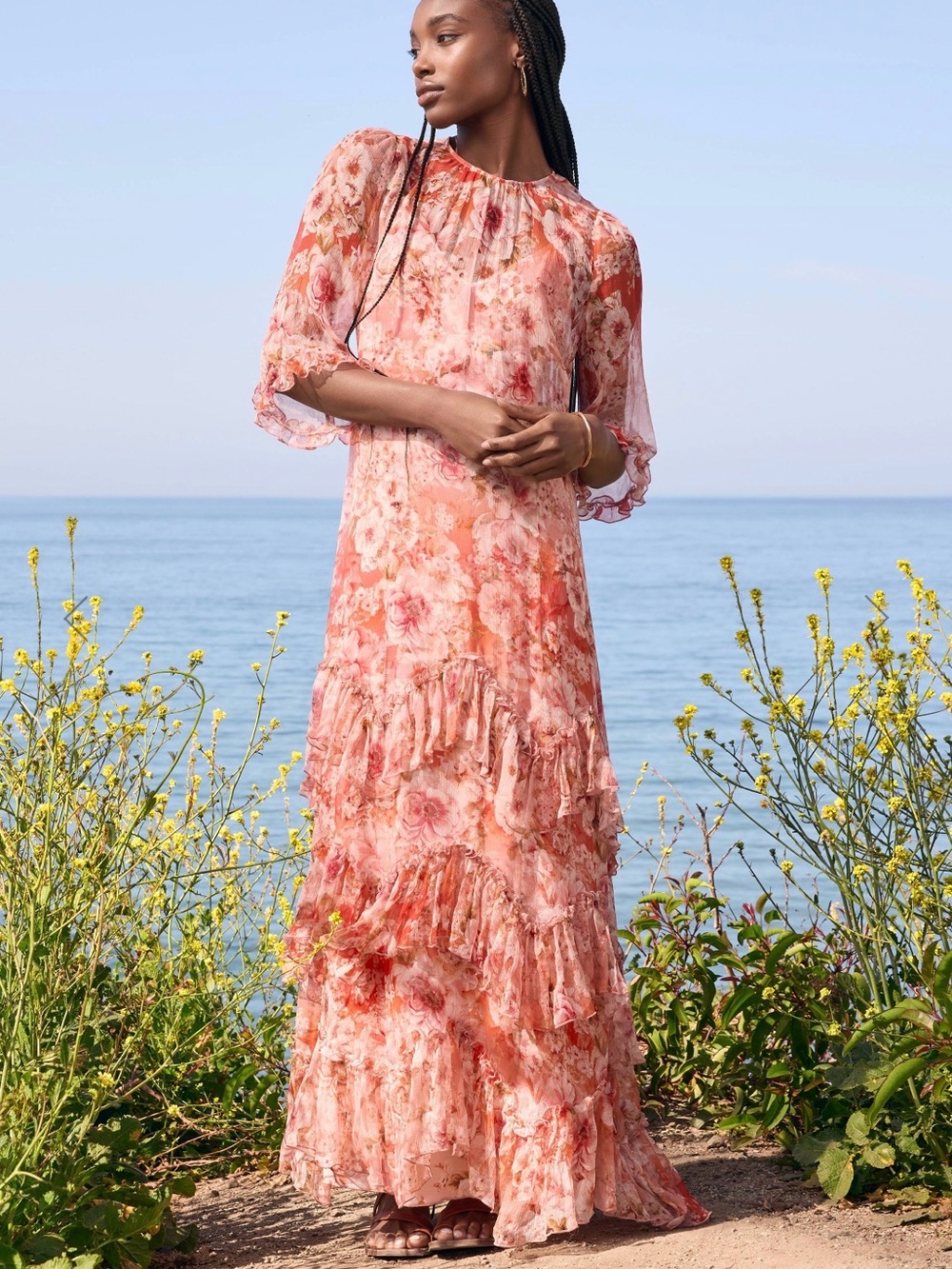 Johnny Was Pink Coral Floral Ruffle Maxi Dress - Picture 2 of 14